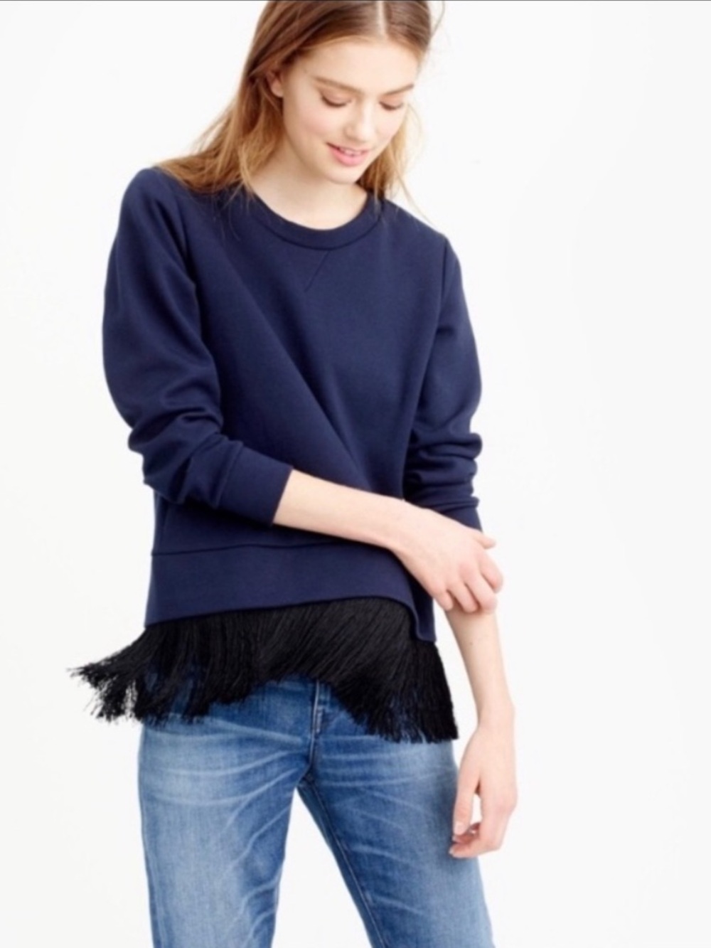 J.Crew Fringe Hem Sweatshirt Navy Crewneck Pullover Sweater Medium